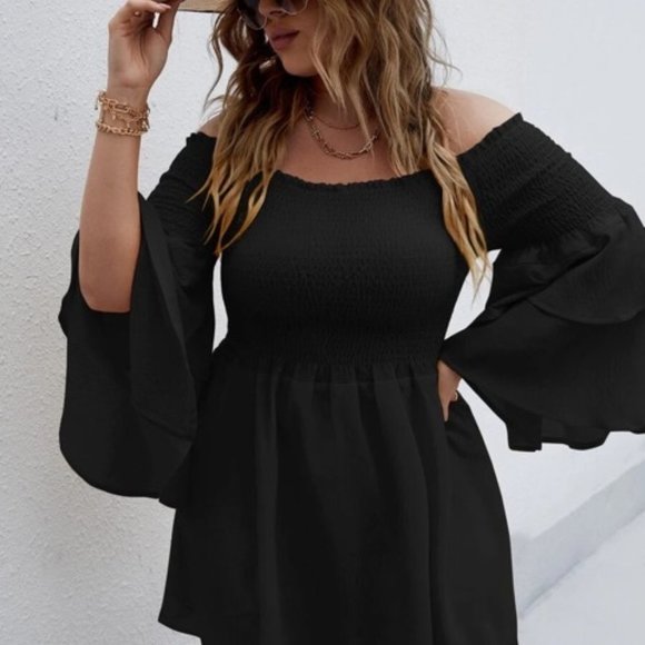 SHEIN Plus Bardot Shirred Layered Flounce Sleeve Dress - Picture 3 of 4